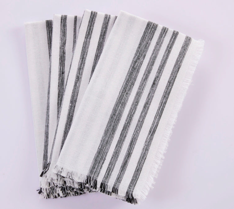 Stripe Fringe Napkins - Set of 4 - 100% Cotton - Black
